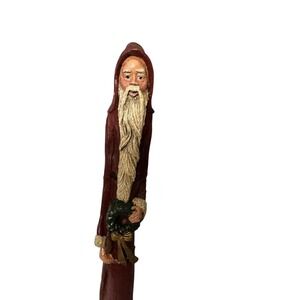 Tall Slender Santa Claus Figurine Folk Art Style Burgundy Hooded Wreath 12 inch